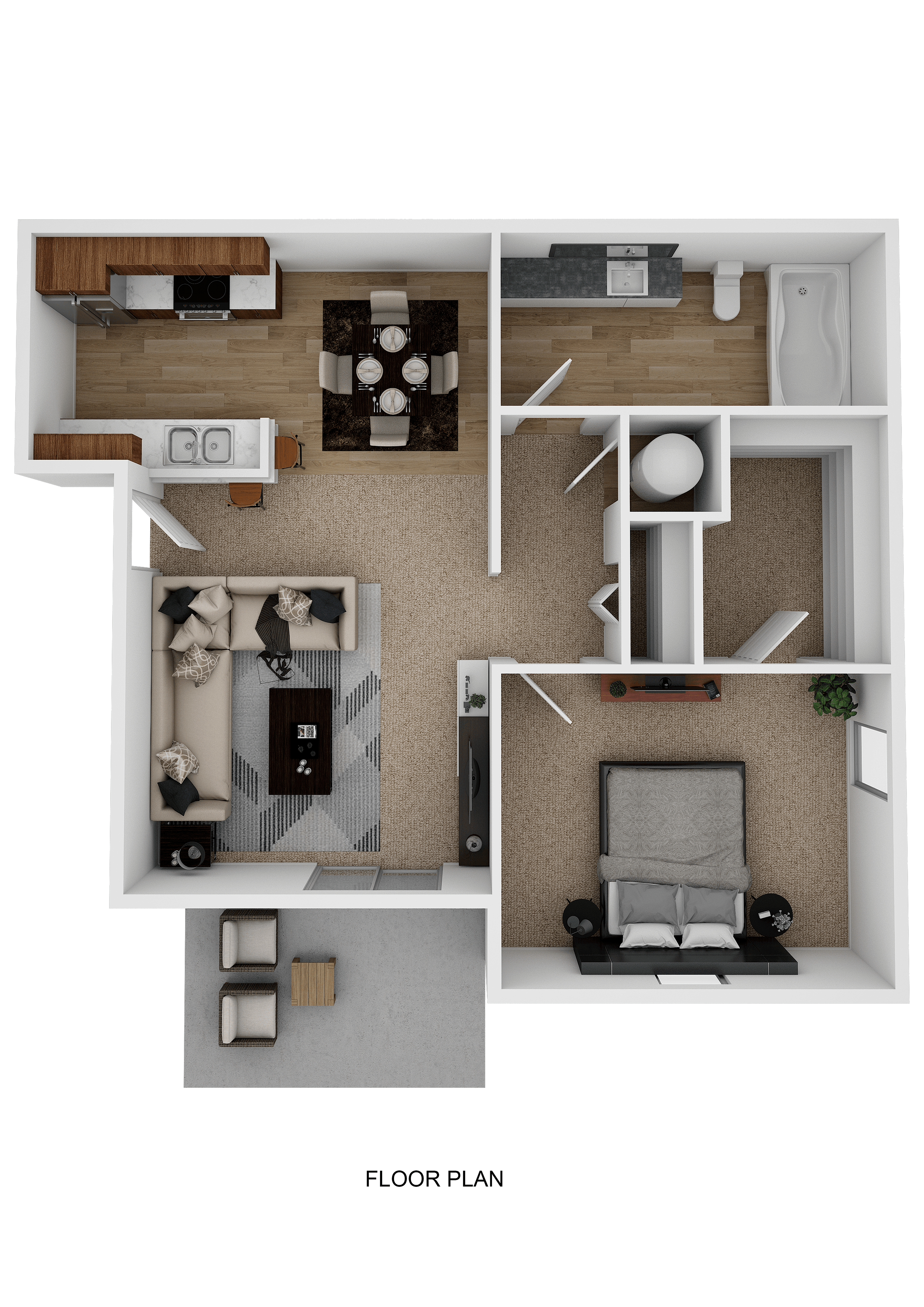 1 Bedroom 1 Bath 3D Floorplan River Oaks Villas Apartments in San Marcos, Texas